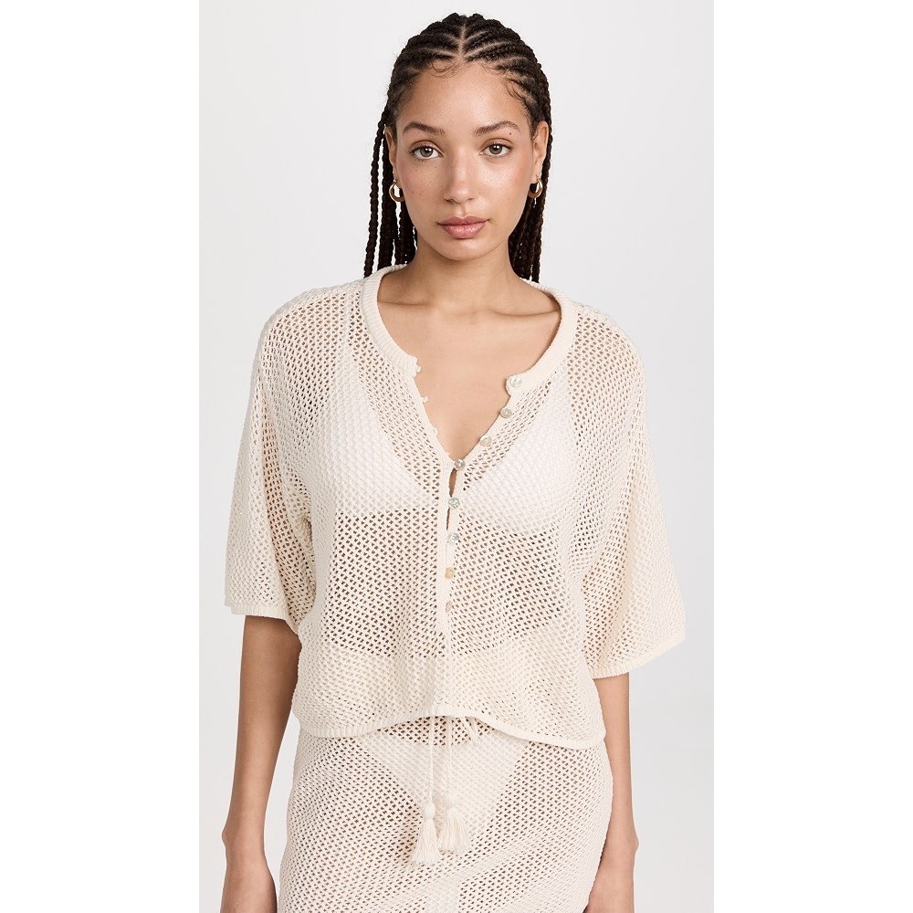 L*Space Coast Is Clear Open Knit Button Front Top Ivory Size Medium